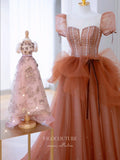 vigocouture-Brown Puffed Sleeve Prom Dresses Beaded Formal Dresses 21176-Prom Dresses-vigocouture-
