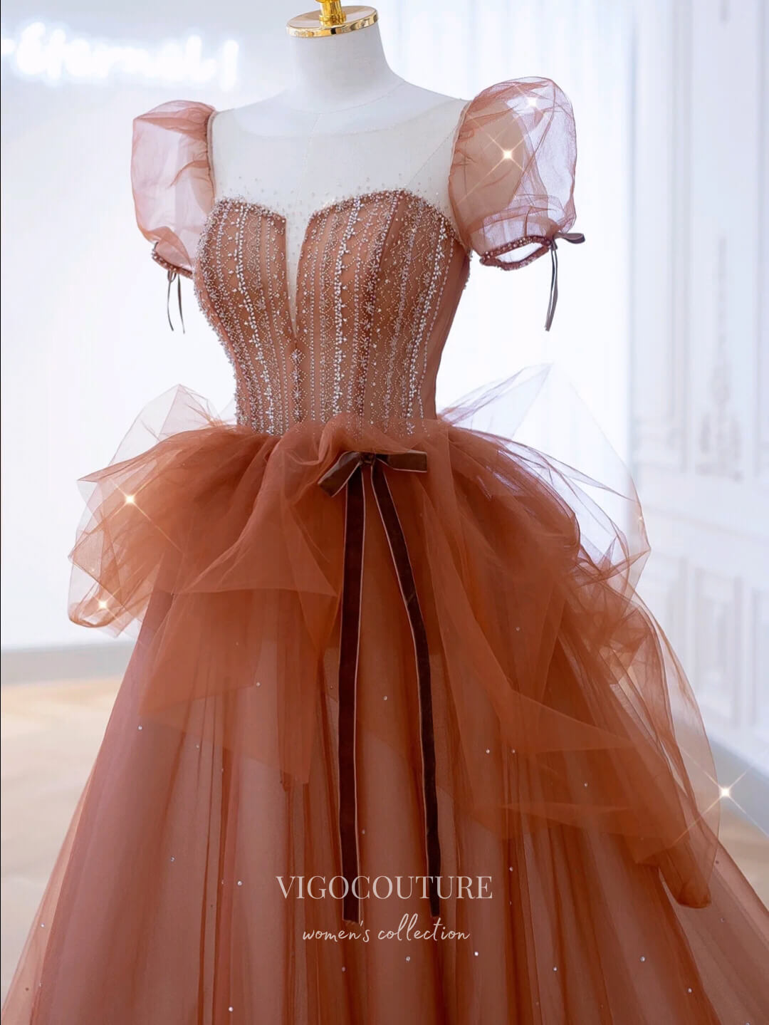 vigocouture-Brown Puffed Sleeve Prom Dresses Beaded Formal Dresses 21176-Prom Dresses-vigocouture-