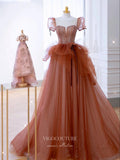vigocouture-Brown Puffed Sleeve Prom Dresses Beaded Formal Dresses 21176-Prom Dresses-vigocouture-Brown-Custom Size-