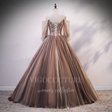 vigocouture-Brown Removable Sleeve Quinceañera Dresses Beaded Ball Gown 20404-Prom Dresses-vigocouture-