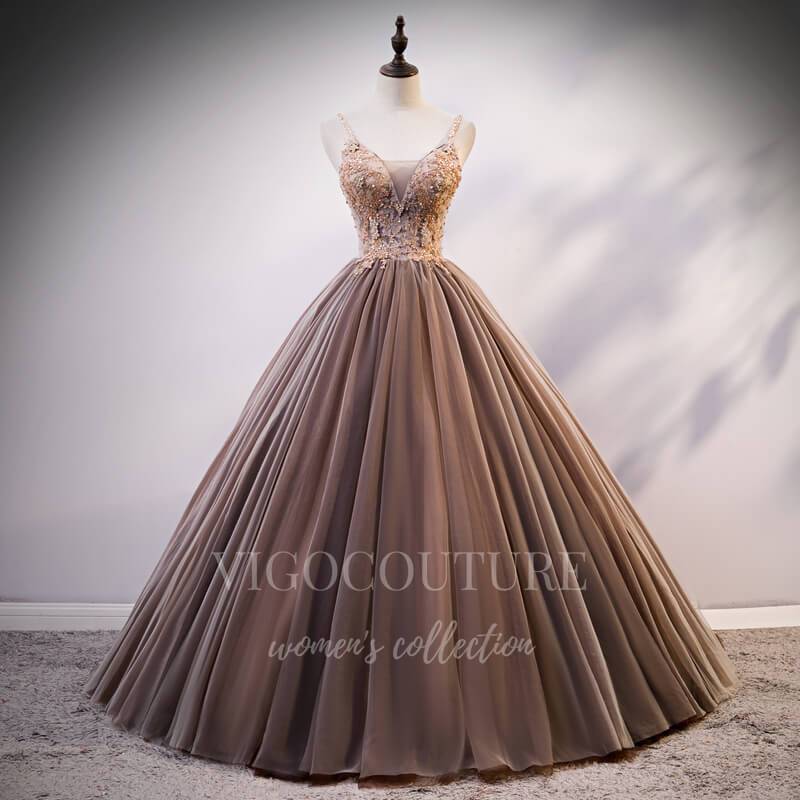 vigocouture-Brown Removable Sleeve Quinceañera Dresses Beaded Ball Gown 20404-Prom Dresses-vigocouture-