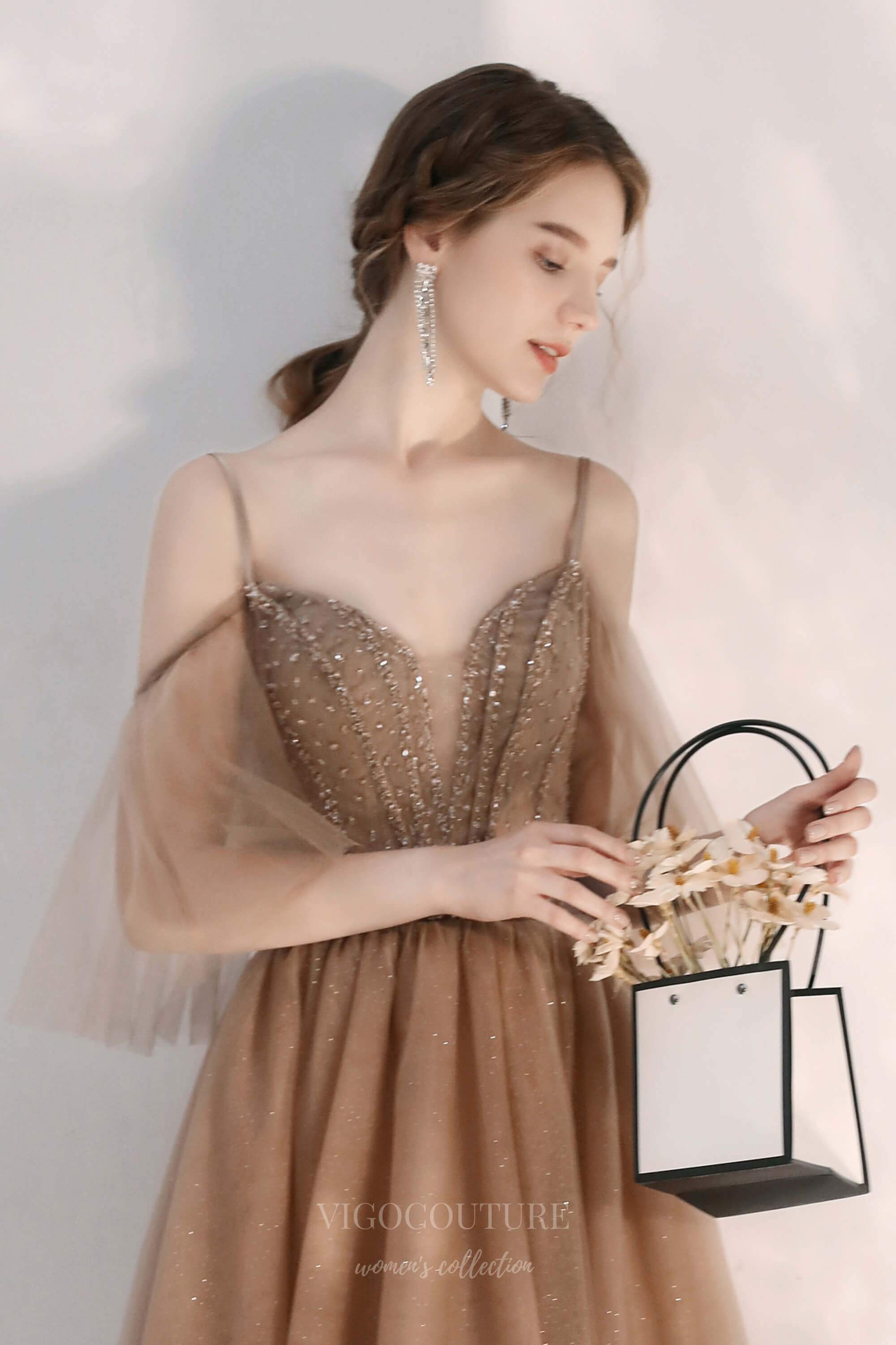 vigocouture-Brown Spaghetti Strap Prom Dress 20698-Prom Dresses-vigocouture-