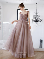 Brown Sparkly Tulle Prom Dresses Cap Sleeve Square Neck Evening Dress  20226
