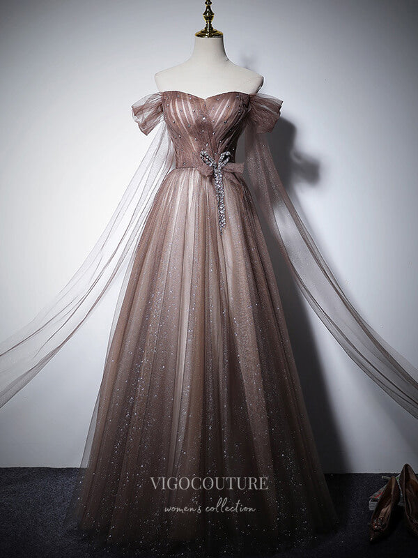 vigocouture-Brown Sparkly Tulle Prom Dresses Off the Shoulder Formal Dresses 21061-Prom Dresses-vigocouture-Brown-Custom Size-
