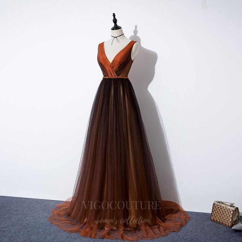 vigocouture-Brown V-Neck Prom Dress 20636-Prom Dresses-vigocouture-