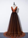 vigocouture-Brown V-Neck Prom Dress 20636-Prom Dresses-vigocouture-Brown-US2-