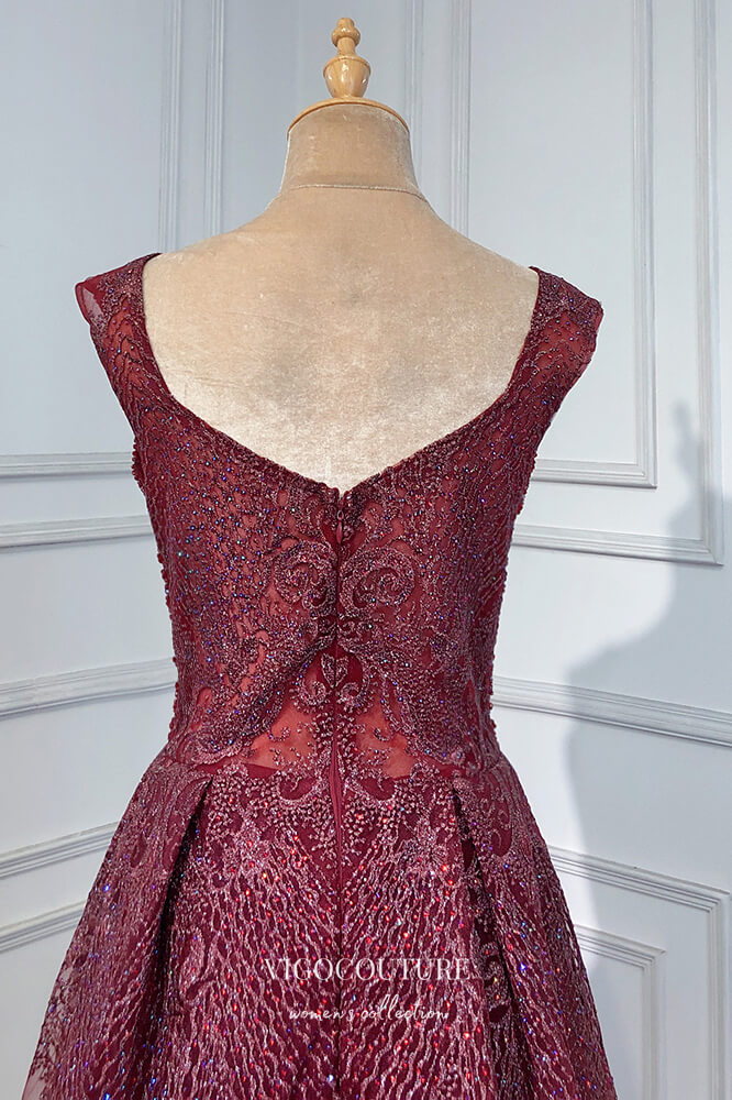 vigocouture-Burgundy Beaded Formal Dresses V-Neck A-Line Prom Dress 21624-Prom Dresses-vigocouture-