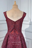 vigocouture-Burgundy Beaded Formal Dresses V-Neck A-Line Prom Dress 21624-Prom Dresses-vigocouture-