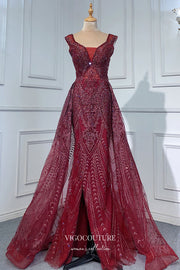 Burgundy Beaded Formal Dresses V-Neck A-Line Prom Dress 21624