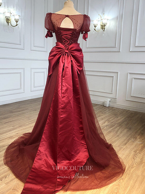 vigocouture-Burgundy Beaded Prom Dresses Bow-Tie Evening Dresses 21260-Prom Dresses-vigocouture-
