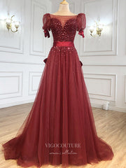 Burgundy Beaded Prom Dresses Bow-Tie Evening Dresses 21260