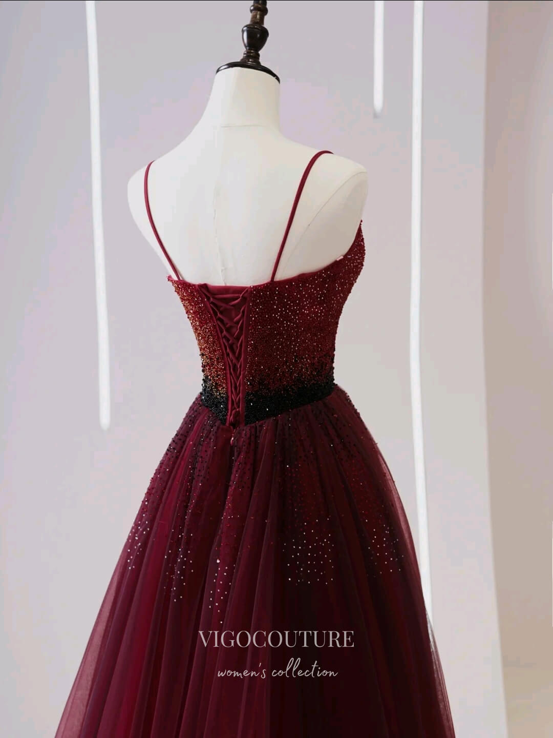 vigocouture-Burgundy Beaded Prom Dresses Spaghetti Strap Formal Dresses 21187-Prom Dresses-vigocouture-