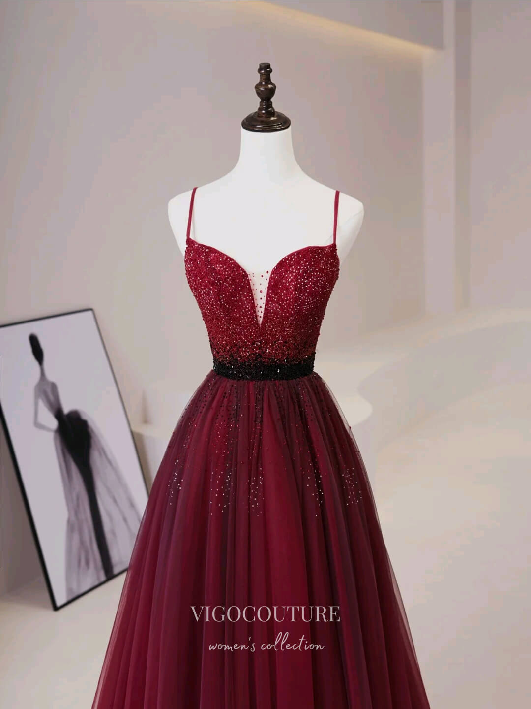 vigocouture-Burgundy Beaded Prom Dresses Spaghetti Strap Formal Dresses 21187-Prom Dresses-vigocouture-