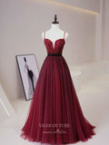 vigocouture-Burgundy Beaded Prom Dresses Spaghetti Strap Formal Dresses 21187-Prom Dresses-vigocouture-Burgundy-Custom Size-