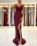 vigocouture-Burgundy Beaded Sequin Mermaid Prom Dress 20830-Prom Dresses-vigocouture-