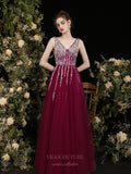 vigocouture-Burgundy Beaded V-Neck Prom Dress 20730-Prom Dresses-vigocouture-