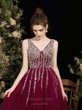 vigocouture-Burgundy Beaded V-Neck Prom Dress 20730-Prom Dresses-vigocouture-