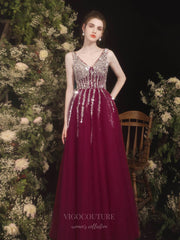 Burgundy Beaded V-Neck Prom Dress 20730