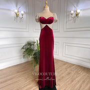 Burgundy Beaded Velvet Prom Dresses Sweetheart Neck Sheath Evening Dress 22093