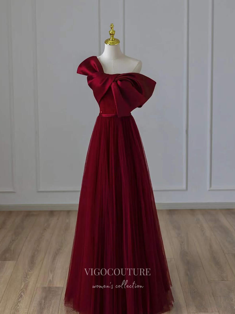 vigocouture-Burgundy Bow Prom Dresses Strapless Formal Dresses 21024-Prom Dresses-vigocouture-Burgundy-Custom Size-