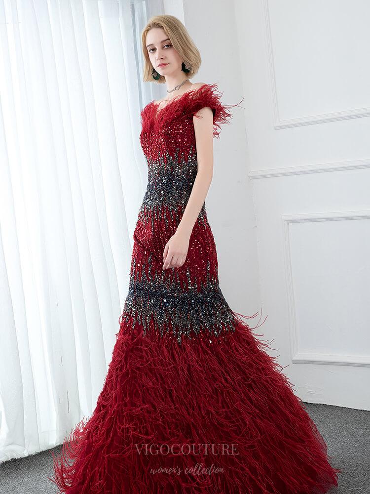 vigocouture-Burgundy Feather Lace Beaded Mermaid Prom Dress 20786-Prom Dresses-vigocouture-