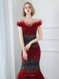 vigocouture-Burgundy Feather Lace Beaded Mermaid Prom Dress 20786-Prom Dresses-vigocouture-
