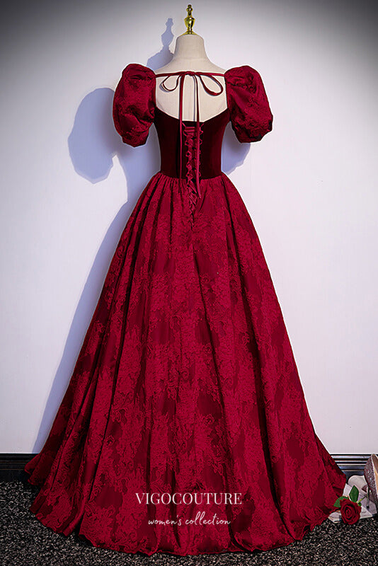 vigocouture-Burgundy Jacquard Satin Prom Dresses Puffed Sleeve Formal Dresses 21652-Prom Dresses-vigocouture-