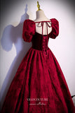 vigocouture-Burgundy Jacquard Satin Prom Dresses Puffed Sleeve Formal Dresses 21652-Prom Dresses-vigocouture-