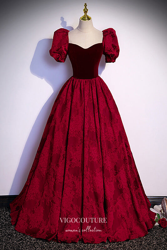 vigocouture-Burgundy Jacquard Satin Prom Dresses Puffed Sleeve Formal Dresses 21652-Prom Dresses-vigocouture-Burgundy-US2-