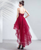 vigocouture-Burgundy Lace Applique Prom Dresses High Low Spaghetti Strap Homecoming Dress 21705-Prom Dresses-vigocouture-