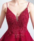 vigocouture-Burgundy Lace Applique Prom Dresses High Low Spaghetti Strap Homecoming Dress 21705-Prom Dresses-vigocouture-