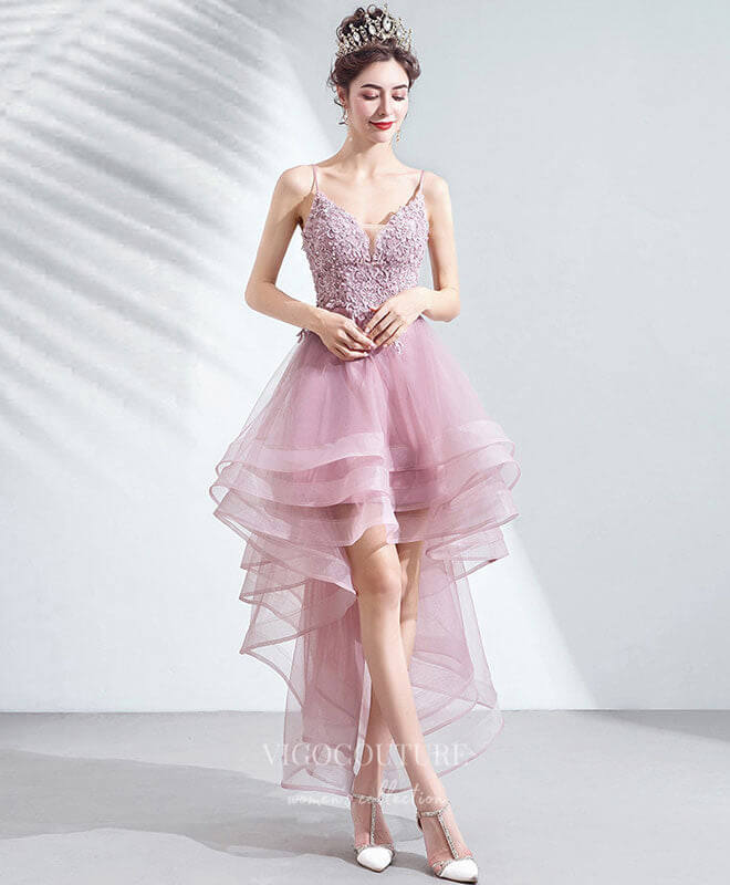 vigocouture-Burgundy Lace Applique Prom Dresses High Low Spaghetti Strap Homecoming Dress 21705-Prom Dresses-vigocouture-Blush-US2-