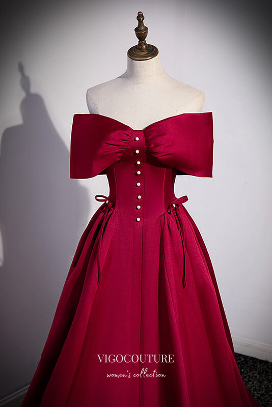 vigocouture-Burgundy Off the Shoulder Formal Dress A-Line Prom Dresses 21670-Prom Dresses-vigocouture-