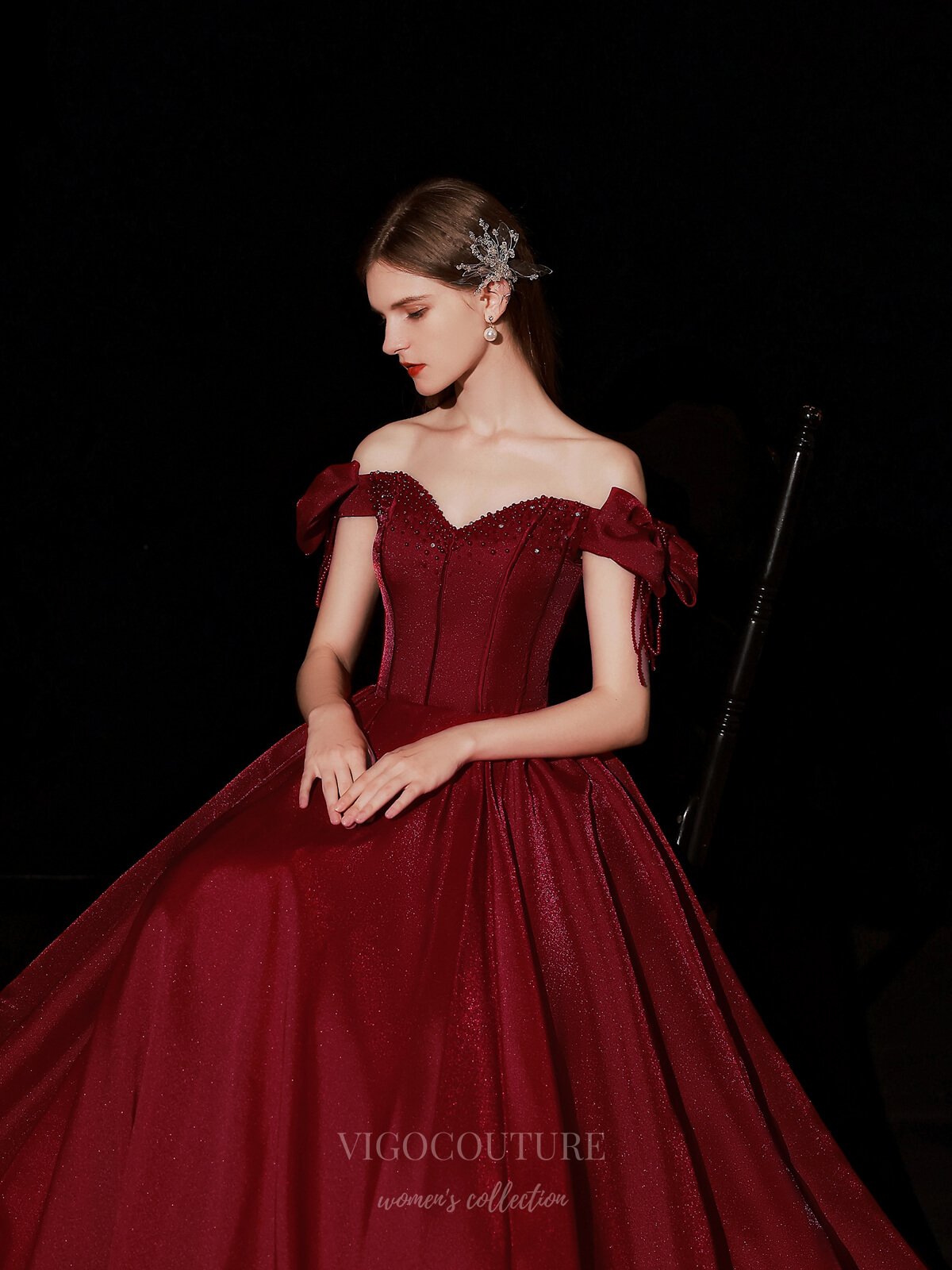 vigocouture-Burgundy Off the Shoulder Prom Dress 20736-Prom Dresses-vigocouture-