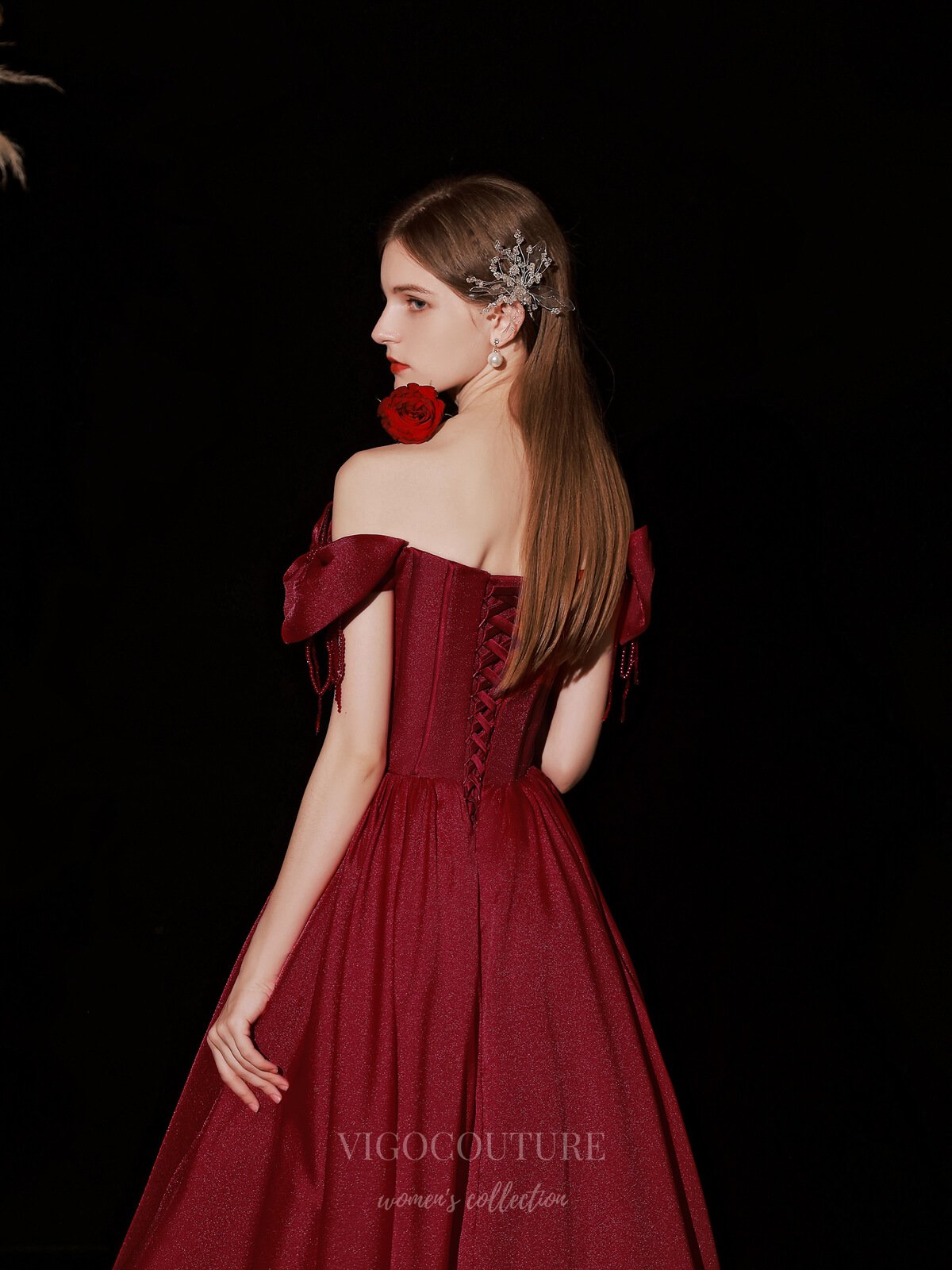 vigocouture-Burgundy Off the Shoulder Prom Dress 20736-Prom Dresses-vigocouture-