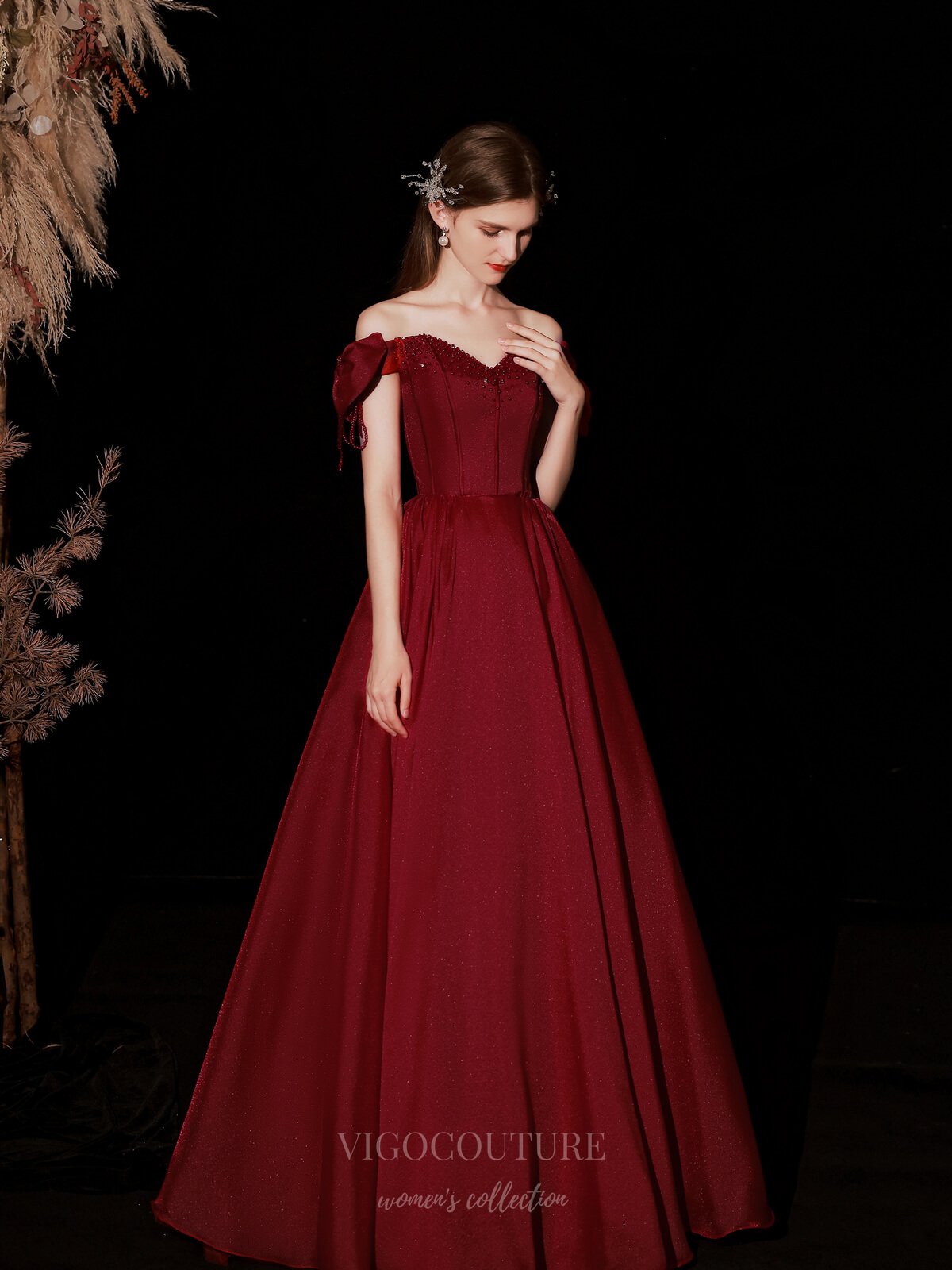 vigocouture-Burgundy Off the Shoulder Prom Dress 20736-Prom Dresses-vigocouture-Burgundy-US2-