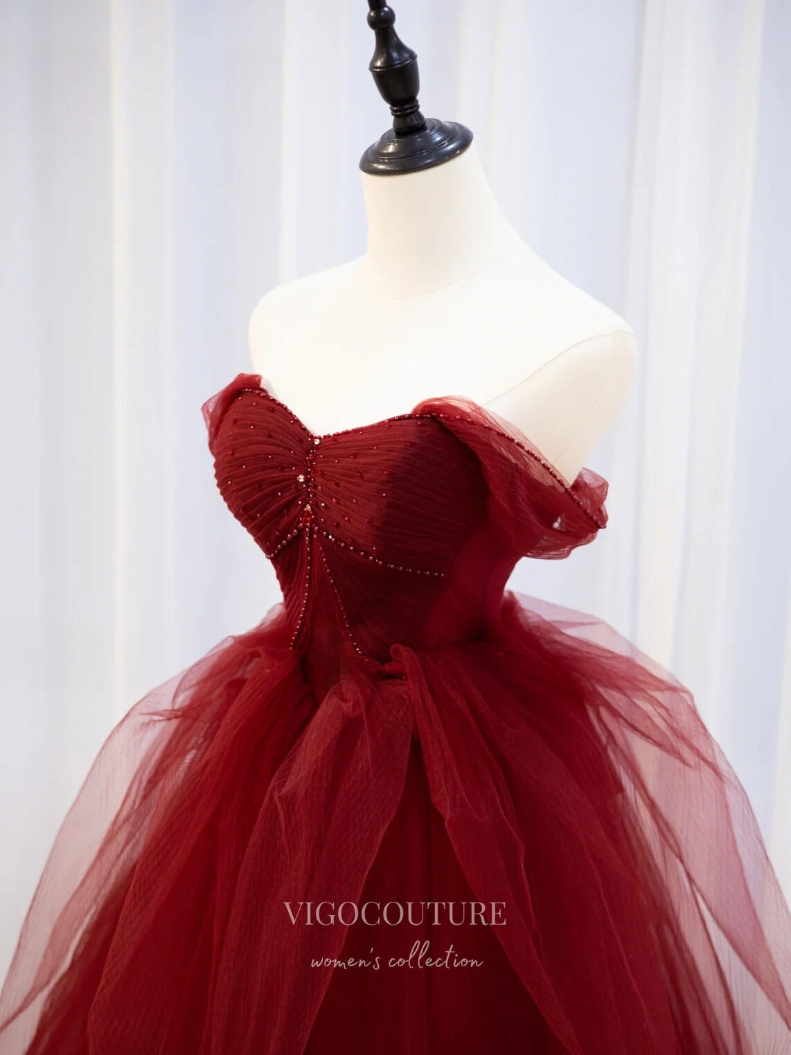 vigocouture-Burgundy Off the Shoulder Prom Dresses Tulle A-Line Evening Dress 21780-Prom Dresses-vigocouture-
