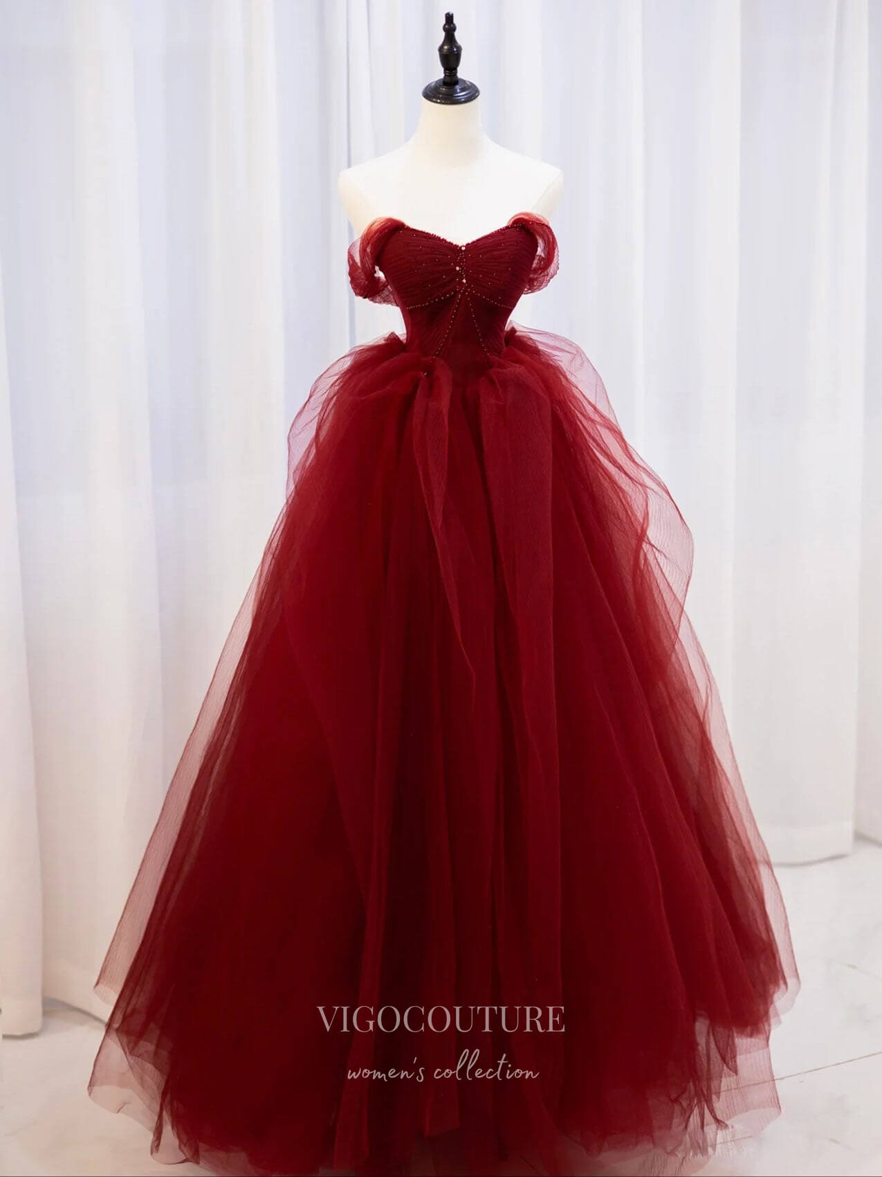 vigocouture-Burgundy Off the Shoulder Prom Dresses Tulle A-Line Evening Dress 21780-Prom Dresses-vigocouture-Burgundy-US2-