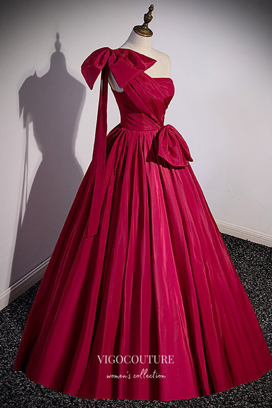 vigocouture-Burgundy One Shoulder Formal Dress A-Line Bow-Tie Prom Dresses 21667-Prom Dresses-vigocouture-