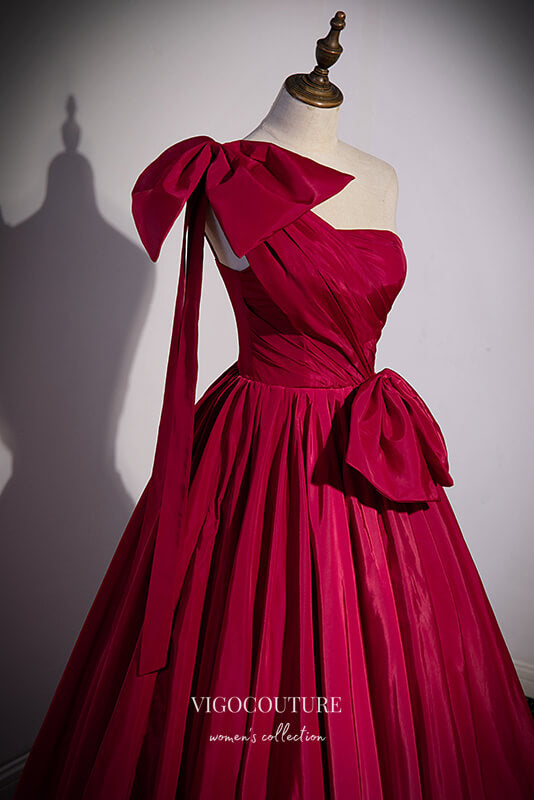 vigocouture-Burgundy One Shoulder Formal Dress A-Line Bow-Tie Prom Dresses 21667-Prom Dresses-vigocouture-