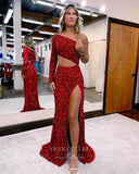 vigocouture-Burgundy One Shoulder Sequin Prom Dresses With Slit Mermaid Evening Dress 21794-Prom Dresses-vigocouture-
