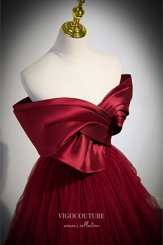 Burgundy Pleated Tulle Prom Dress with Bow-Tie Bodice 22320-Prom Dresses-vigocouture-Burgundy-Custom Size-vigocouture
