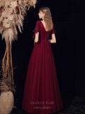 vigocouture-Burgundy Plunging V-Neck Prom Dress 20726-Prom Dresses-vigocouture-