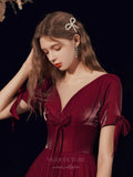 vigocouture-Burgundy Plunging V-Neck Prom Dress 20726-Prom Dresses-vigocouture-