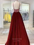vigocouture-Burgundy Plunging V-Neck Prom Dresses With Slit Velvet Evening Dress 21704-Prom Dresses-vigocouture-