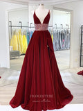 vigocouture-Burgundy Plunging V-Neck Prom Dresses With Slit Velvet Evening Dress 21704-Prom Dresses-vigocouture-Burgundy-US2-