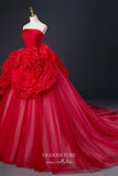 vigocouture-Burgundy Ruffled Rose Formal Dress Strapless A-Line Prom Ball Gown 21675-Prom Dresses-vigocouture-