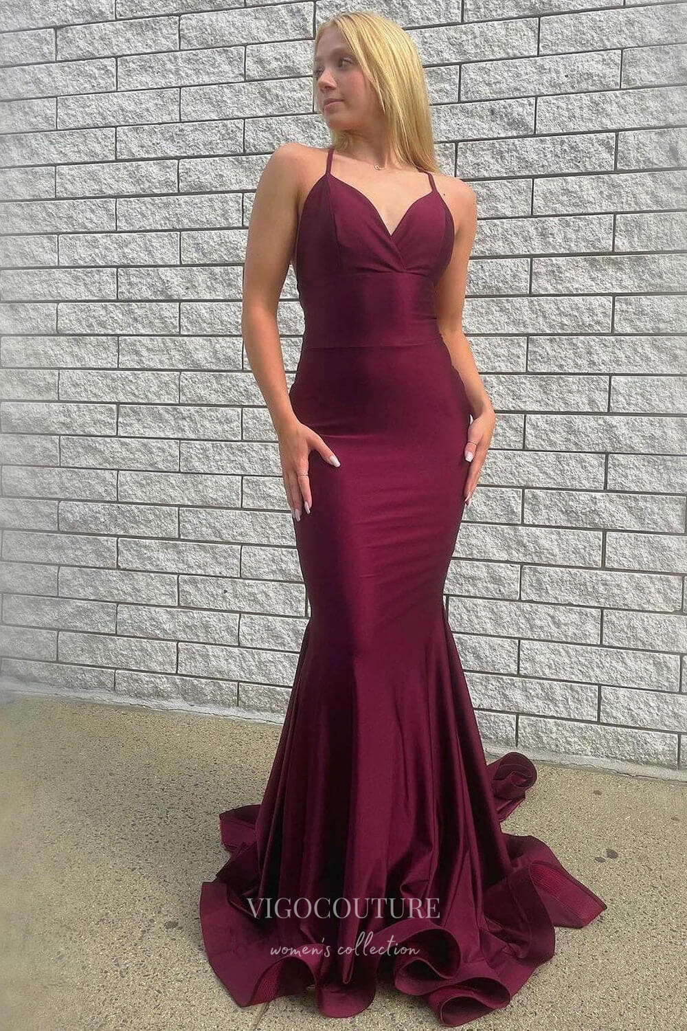 Burgundy Satin Mermaid Prom Dress - Featuring Spaghetti Strap and a Jaw-Dropping V-Neck 22233-Prom Dresses-vigocouture-Burgundy-Custom Size-vigocouture
