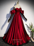 vigocouture-Burgundy Satin Prom Dresses Removable Sleeve Formal Dresses 21439-Prom Dresses-vigocouture-