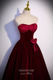 vigocouture-Burgundy Satin Prom Dresses Strapless Bow Tie Formal Dresses 21649-Prom Dresses-vigocouture-